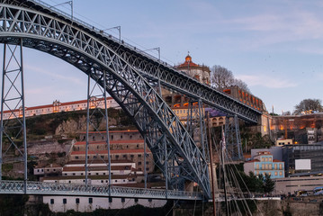 view of the Don Luis I iron bridge from Porto, Portugal.