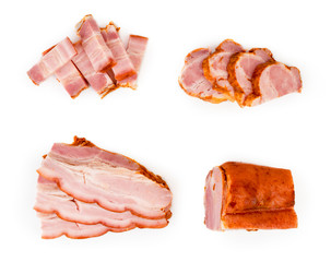 Sliced bacon on a white background. The view from top. - obrazy, fototapety, plakaty