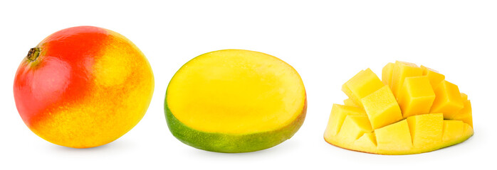 Set of mangoes, half mangoes and mango cubes close-up.