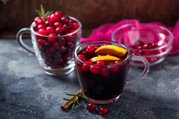 Mulled wine with cranberberries, winter hot drink