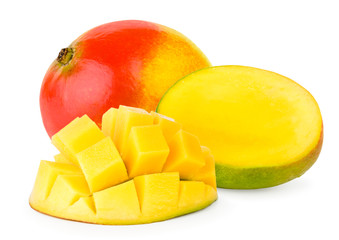 Mango, mango half and mango cubes close-up.