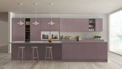 Modern minimalist red and wooden kitchen with island and big panoramic window, parquet, pendant lamps, contemporary architecture interior design