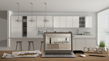 Architect designer desktop concept, laptop on wooden work desk with screen showing interior design project, blueprint draft in the background, modern minimal kitchen