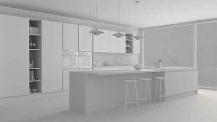Total white project of modern minimalist kitchen with island and big panoramic window, parquet, pendant lamps, contemporary architecture interior design