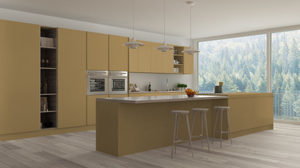 Modern minimalist yellow and wooden kitchen with island and big panoramic window, parquet, pendant lamps, contemporary architecture interior design