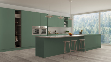 Modern minimalist green and wooden kitchen with island and big panoramic window, parquet, pendant lamps, contemporary architecture interior design