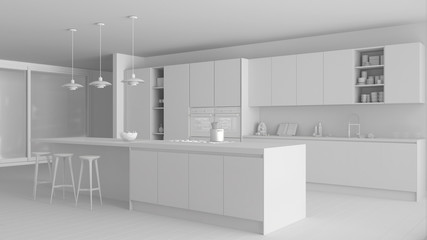 Total white project of modern minimalist kitchen with island and big panoramic window, parquet, pendant lamps, contemporary architecture interior design