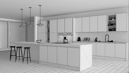 Unfinished project draft of modern minimalist white and wooden kitchen with island and big panoramic window, parquet, pendant lamps, contemporary architecture interior design