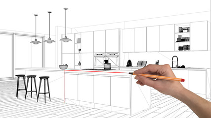Interior design project concept, hand drawing custom architecture, black and white ink sketch, blueprint showing minimalistic kitchen with island and pendant lamps