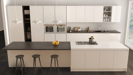 Modern minimalist white and wooden kitchen with island and big panoramic window, parquet, pendant lamps, contemporary architecture interior design, top view