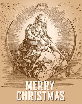 Virgin Mary embrassing Christ in engraver illustration