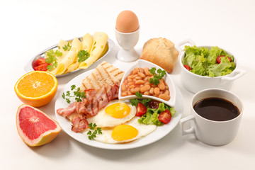 fried egg, bacon and bean