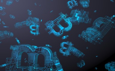 Digital currency symbol Bitcoin on a dark background. Fall of bitcoin. Cryptocurrency graph on virtual screen. Business, Finance and technology concept. 3D illustration