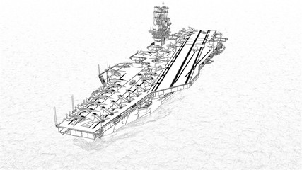 Aircraft carrier crossing the ocean 3D rendering
