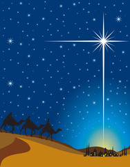 Three magi and shining star of Bethlehem