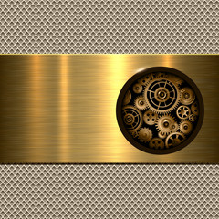 Background 3d gold metallic with technology gears inside,