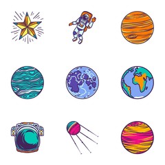 Space universe icon set. Hand drawn set of 9 space universe vector icons for web design isolated on white background