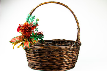 Fototapeta na wymiar empty brown basket with bow set for new year gift season greeting concept