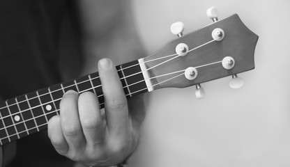 Men hand plaiyng  on ukulele macro black and white