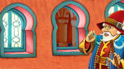 cartoon scene with medieval arabic room with prince or king - far east ornaments - the stage for different usage - illustration for children
