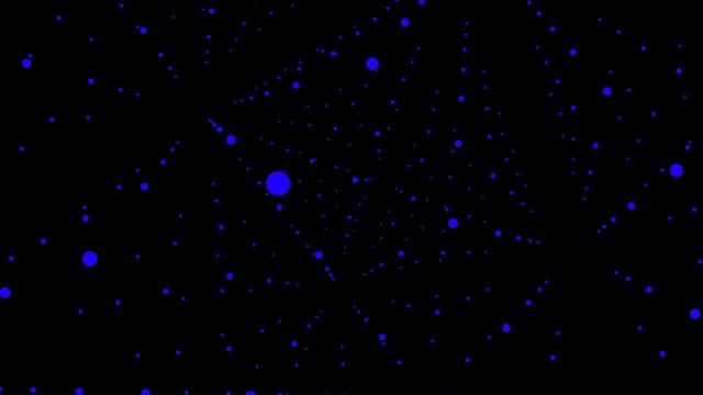 Blue dots disperse into space. Fantasy abstract technology, data, engineering motion background.
