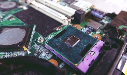 close-up Processer Electronic Chipset on Motherboard with dust