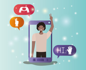 black man in smartphone with social media bubbles