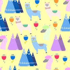 Hand drawn objects from Peru. Colorful vector seamless pattern. Yellow background