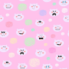 Hand drawn doodle bear emoticons. Vector seamless pattern. Pink background