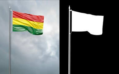 3d illustration of the state flag of the Plurinational State of Bolivia moving in the wind at the flagpole in front of a cloudy sky with its alpha channel