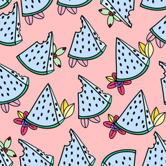 Doodle blue watermelon slices. Pink background. Vector seamless pattern