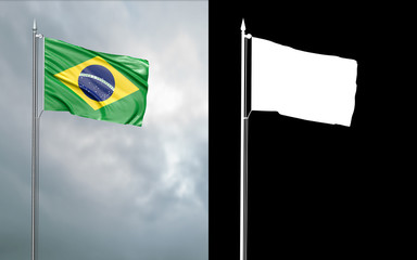 3d illustration of the state flag of the Federative Republic of Brazil moving in the wind at the flagpole in front of a cloudy sky with its alpha channel