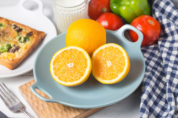 Beef cheese toast，Breakfast, oranges