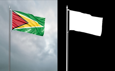 3d illustration of the state flag of the Co-operative Republic of Guyana moving in the wind at the flagpole in front of a cloudy sky with its alpha channel