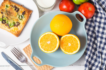 Beef cheese toast，Breakfast, oranges