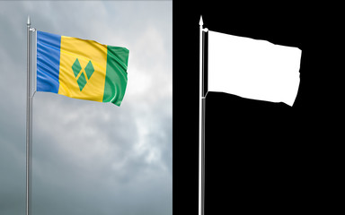 3d illustration of the state flag of Saint Vincent and the Grenadines moving in the wind at the flagpole in front of a cloudy sky with its alpha channel