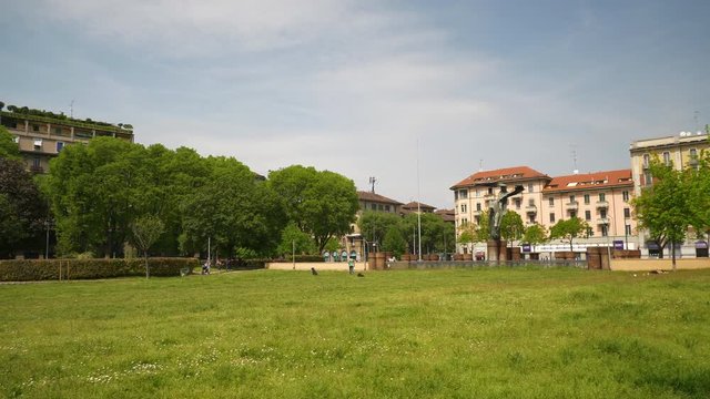 sunny day milan city park meadow slow motion panorama 4k italy
