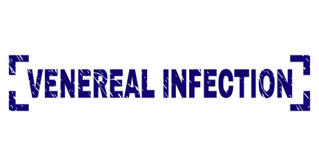VENEREAL INFECTION tag seal print with distress texture. Text tag is placed between corners. Blue vector rubber print of VENEREAL INFECTION with unclean texture.