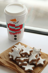Homemade chocolate Christmas cookies and mug with hot chocolate , coffee or tea 