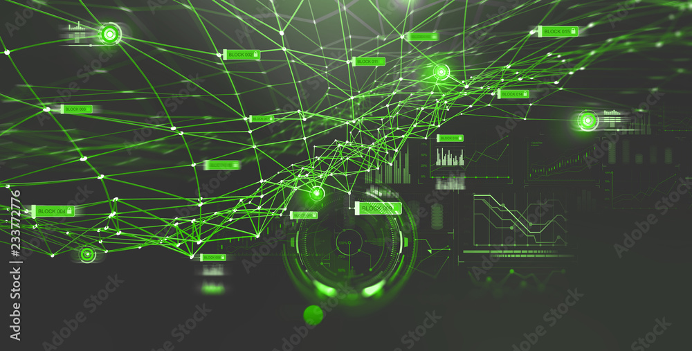 Aufkleber Block chain network and programming concept. Global artificial intelligence. Hologram of the neural network. HUD display 3D illustration