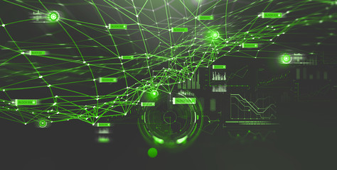 Block chain network and programming concept. Global artificial intelligence. Hologram of the neural network. HUD display 3D illustration