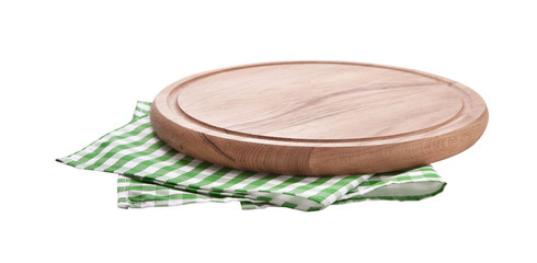 Pizza board, with napkin isolated. Top view mockup