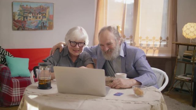 Elderly couple nice grandmother and stylish bearded grandfather talking on video