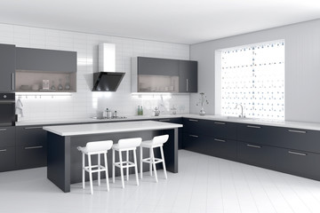 Black modern kitchen interior 3d rendering