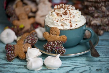 Fototapeta premium Christmas hot chocolate drink with whipped cream 