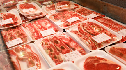 Showcase meat products in a supermarket
