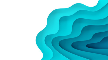 3D abstract blue wave background with paper cut shapes.