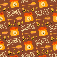 Honey seamless pattern with bees. Jam wrapping paper. Bee textile print and packaging pattern design.