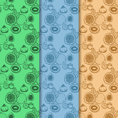 lemon, figs, kiwi, mangosteen tropical fruits seamless pattern