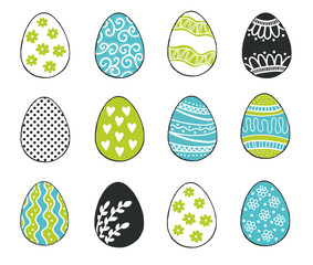 Happy Easter greeting templates card colors blue and green with hand drawn modern eggs. Vector illustration. 
